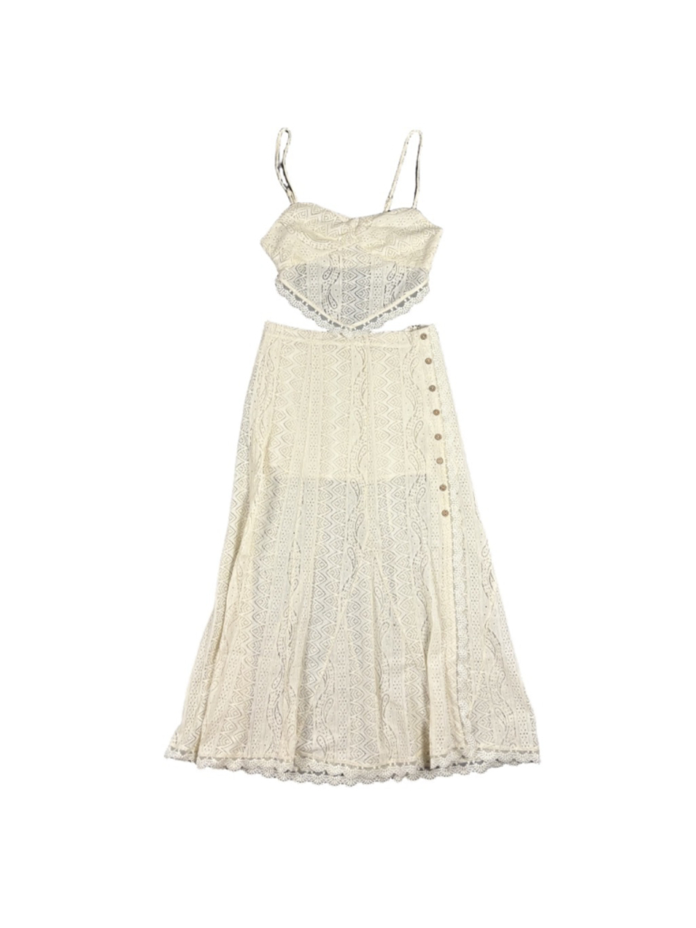 Illa Illa M Cream Lace Crochet 2 Piece Set Boho Cottagecore Midi Skirt Crop